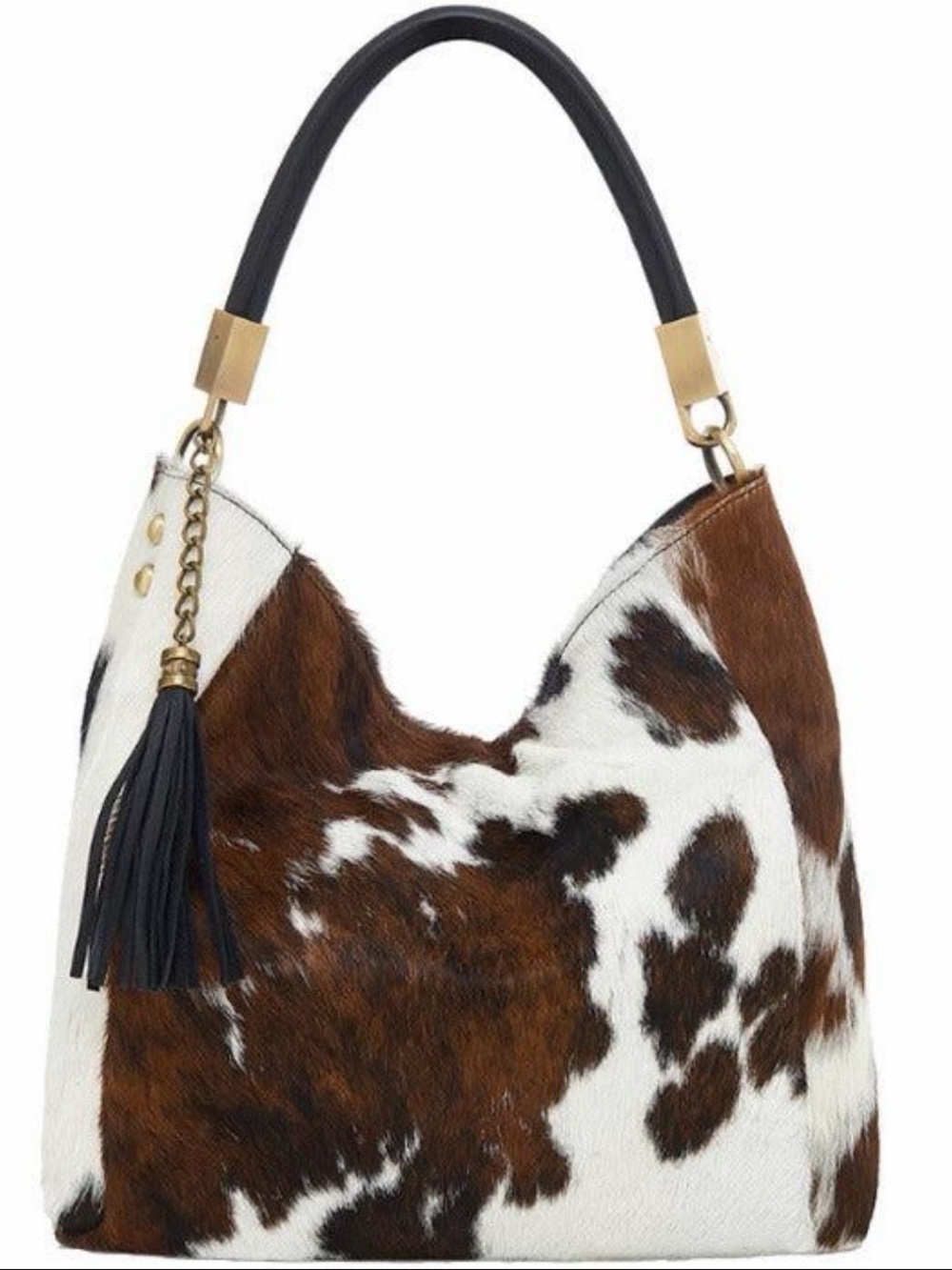 Cowhide Hobo Shoulder Bag with Tassel - Brown & White